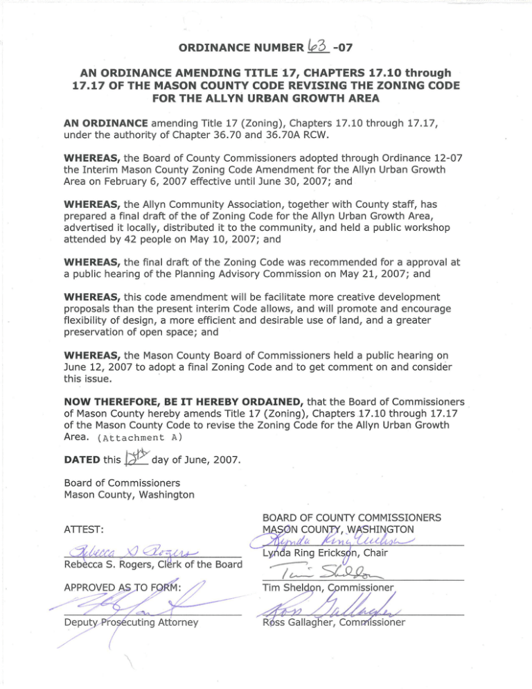 Amends Mason County Code Chapters 17.10 through 17.17, Zoning Code for Allyn Urban Growth Area Amends Mason County Code Chapters 17.10 through 17.17, Zoning Code for Allyn Urban Growth Area