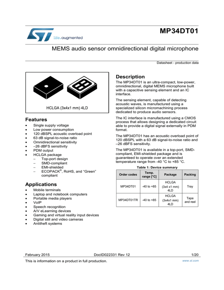 MP34DT01 MEMS audio sensor omnidirectional digital microphone Description MP34DT01 MEMS audio sensor omnidirectional digital microphone Description