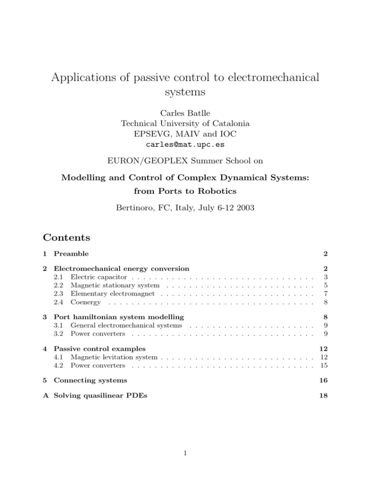 Applications of passive control to electromechanical systems Applications of passive control to electromechanical systems