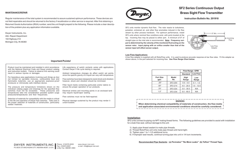Dwyer Series SF2 Instruction manual Dwyer Series SF2 Instruction manual