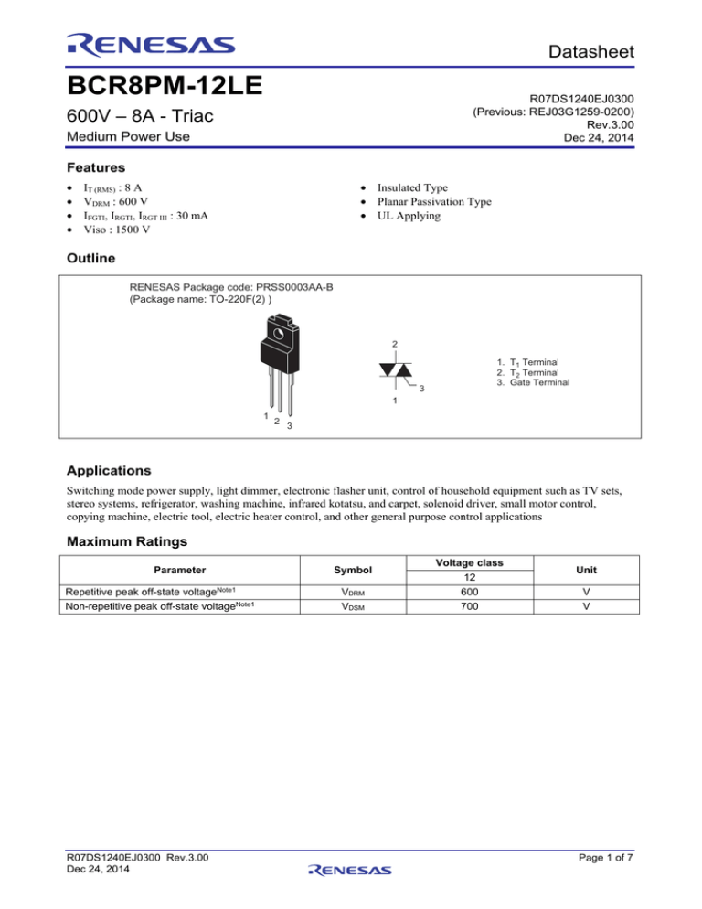 BCR8PM-12LE Data Sheet (600V - 8A BCR8PM-12LE Data Sheet (600V - 8A