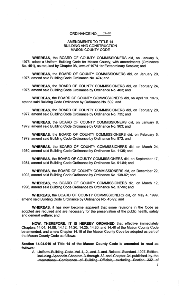 Ordinance � Amendments to Mason County Code Title 14 � Building & Construction Ordinance � Amendments to Mason County Code Title 14 � Building & Construction