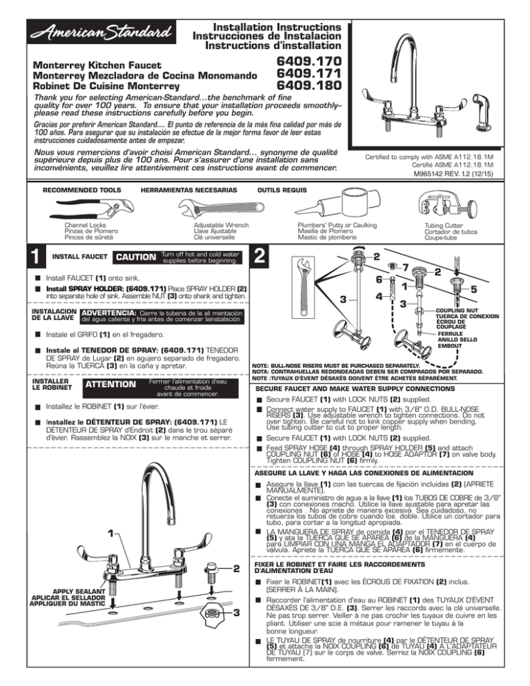 6409.170 Installation Instructions Instrucciones de Instalacion Instructions d'installation 6409.170 Installation Instructions Instrucciones de Instalacion Instructions d'installation