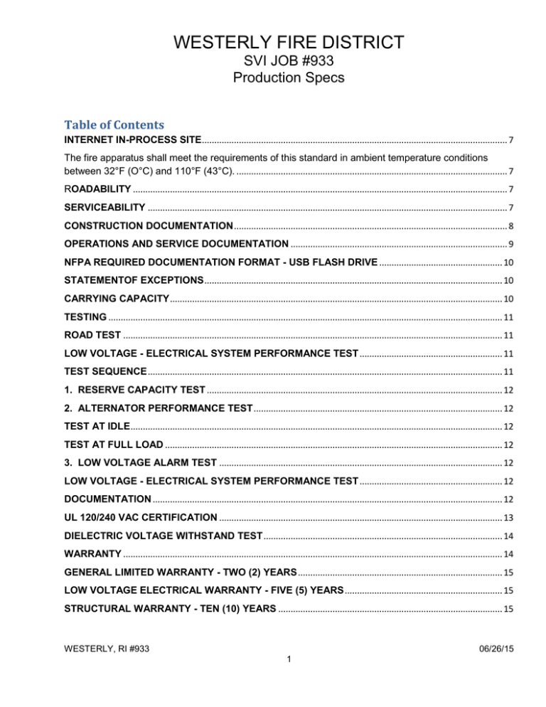 WESTERLY FIRE DISTRICT SVI JOB #933 Production Specs Table of Contents WESTERLY FIRE DISTRICT SVI JOB #933 Production Specs Table of Contents