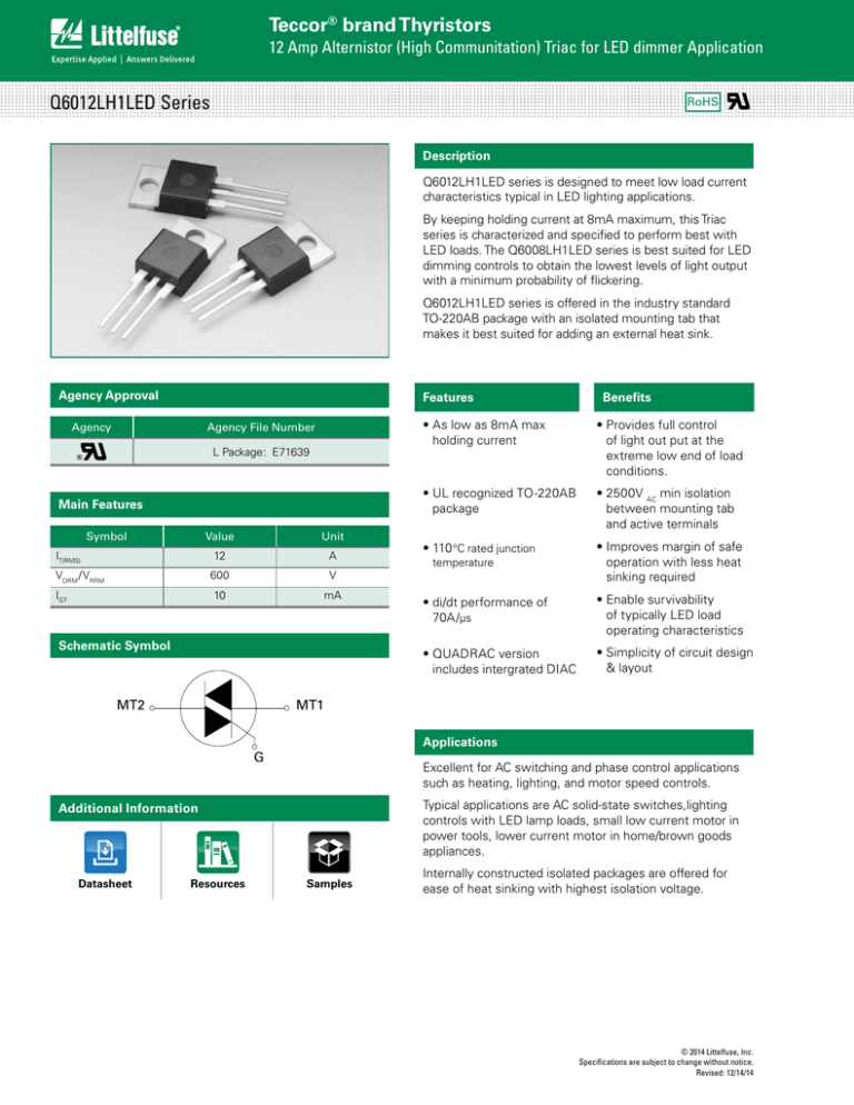 Switching Thyristors Q6012xH1LED Datasheet Switching Thyristors Q6012xH1LED Datasheet