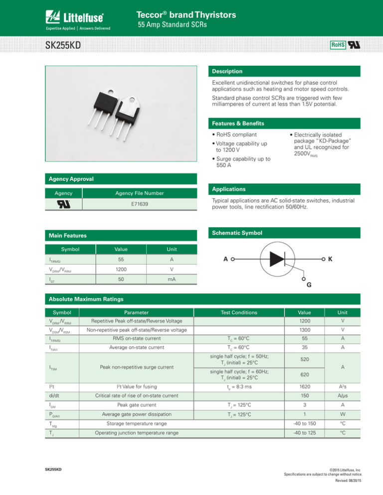 SK255KD Teccor brand Thyristors 55 Amp Standard SCRs SK255KD Teccor brand Thyristors 55 Amp Standard SCRs