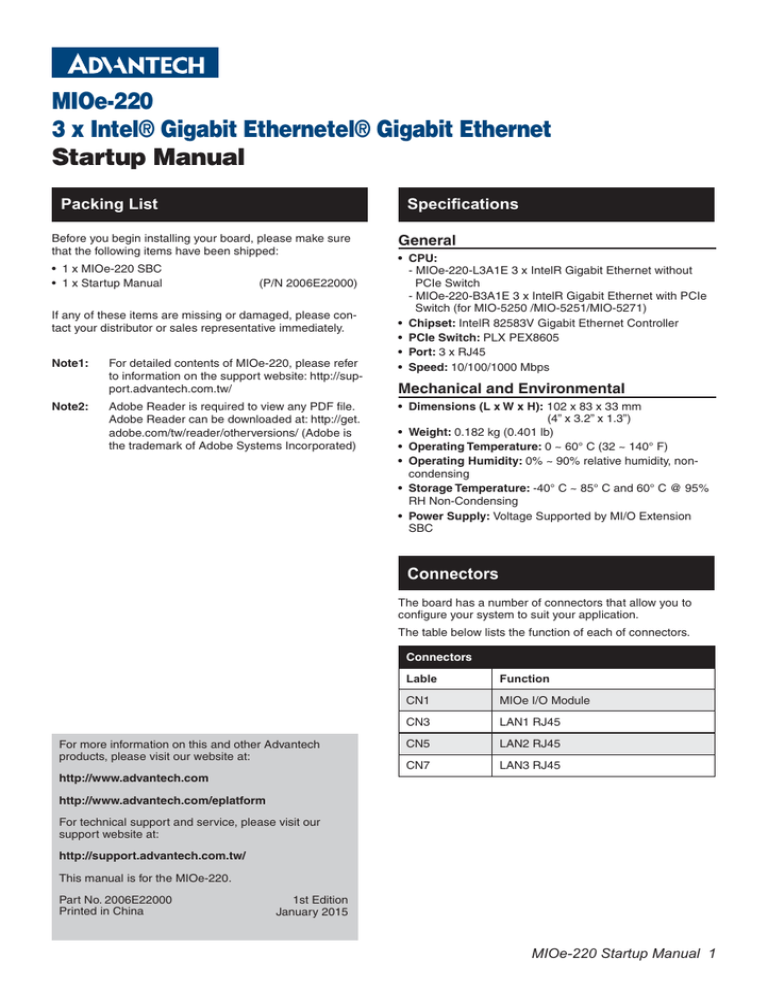 MIOe-220 3 x Intel® Gigabit Ethernetel® Gigabit Ethernet Startup Manual MIOe-220 3 x Intel® Gigabit Ethernetel® Gigabit Ethernet Startup Manual