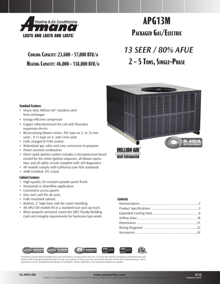 Amana APG13M Product Data Specifications Amana APG13M Product Data Specifications