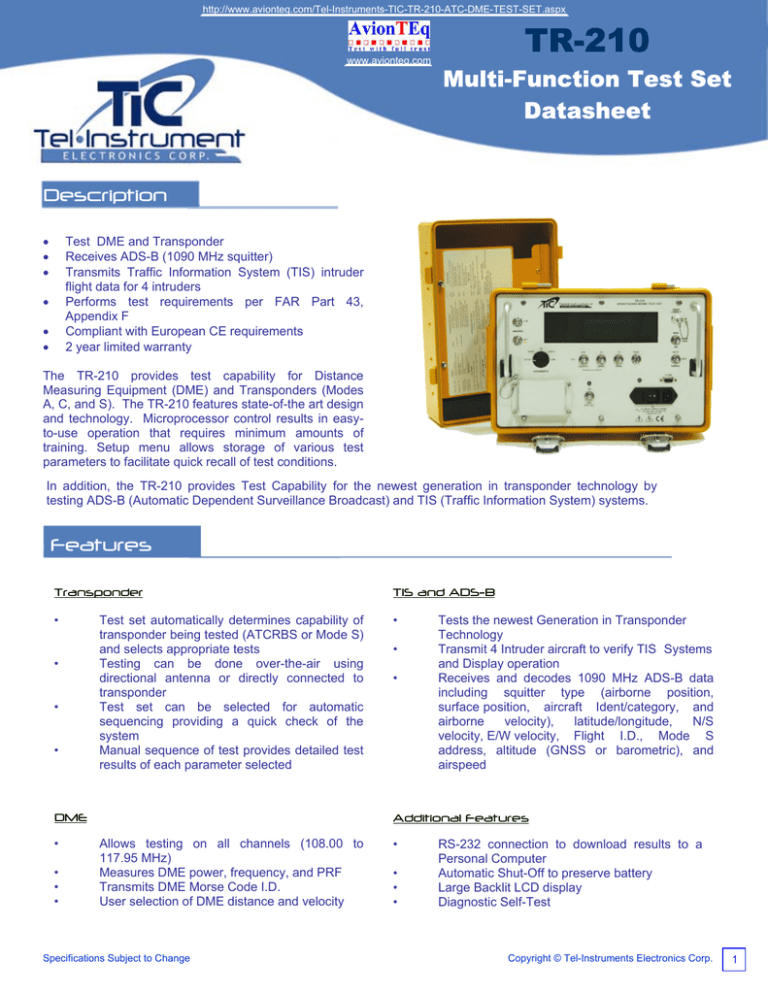 TR 210 specification sheet TR 210 specification sheet