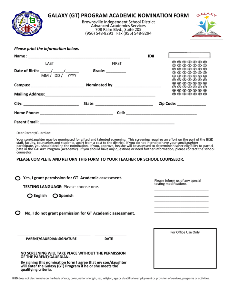 Gifted Talent Program for GT Academic Nomination Gifted Talent Program for GT Academic Nomination