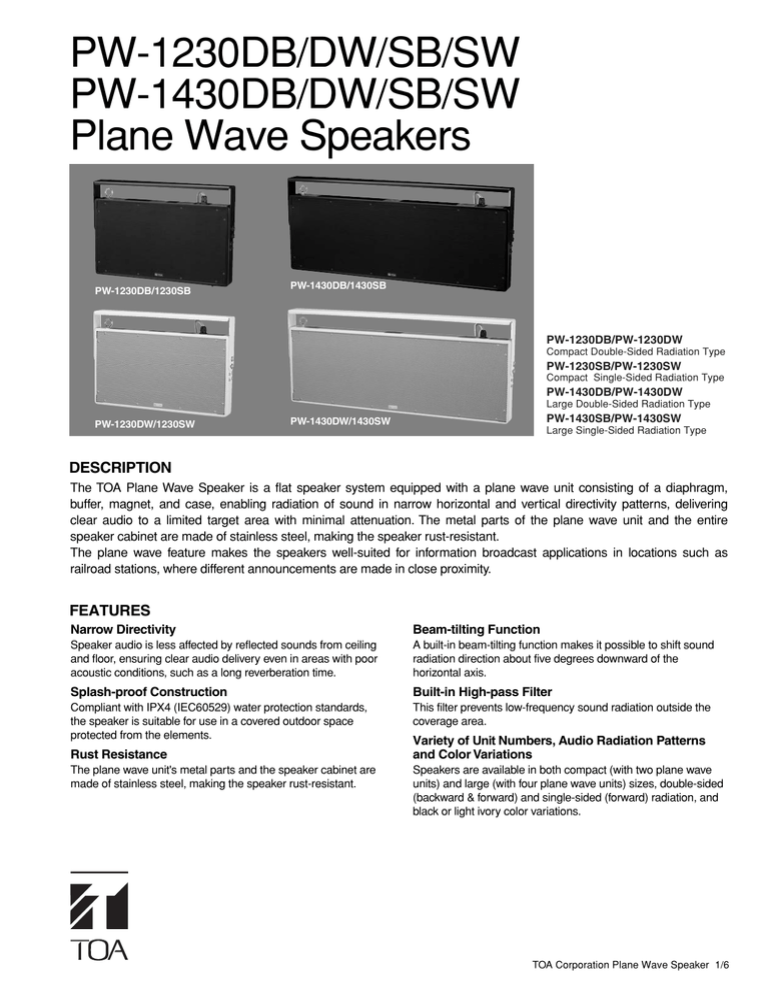 TOA PW-1230DW, PW-1230DB, PW-1230SB, PW-1430SW, PW-1430SB, PW-1230SW, PW-1430DW, PW-1430DB Specification TOA PW-1230DW, PW-1230DB, PW-1230SB, PW-1430SW, PW-1430SB, PW-1230SW, PW-1430DW, PW-1430DB Specification