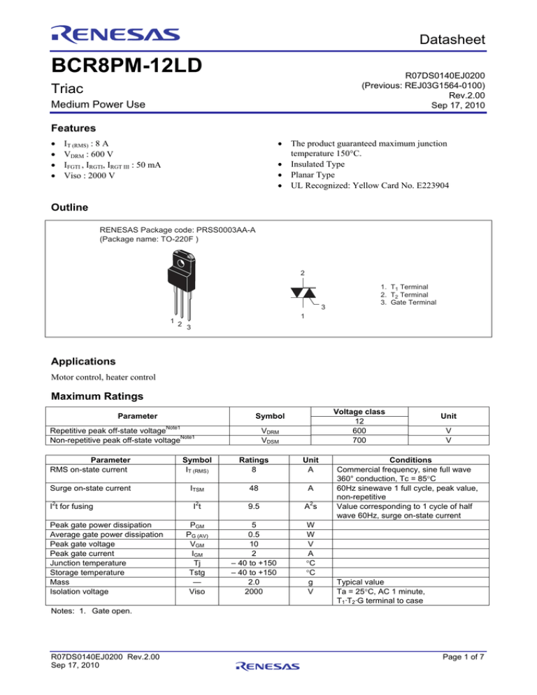 BCR8PM-12LD Datasheet BCR8PM-12LD Datasheet