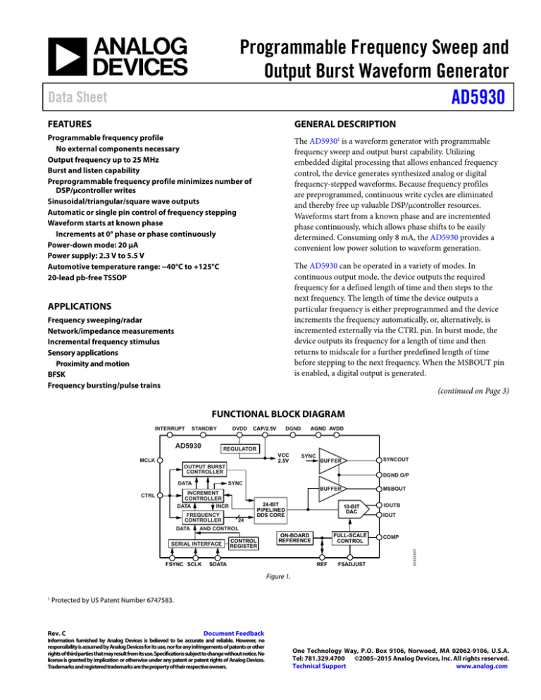 Programmable Frequency Sweep and Output Burst Waveform Generator AD5930 Data Sheet Programmable Frequency Sweep and Output Burst Waveform Generator AD5930 Data Sheet