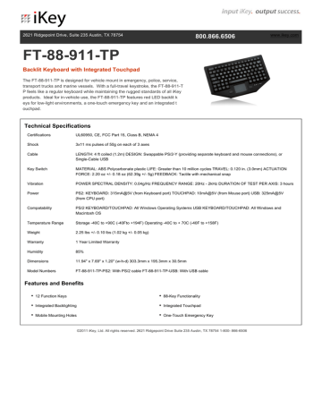 FT-88-911-TP 800.866.6506 Backlit Keyboard with Integrated Touchpad FT-88-911-TP 800.866.6506 Backlit Keyboard with Integrated Touchpad