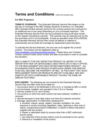 NEC Projector Terms and Conditions NEC Projector Terms and Conditions