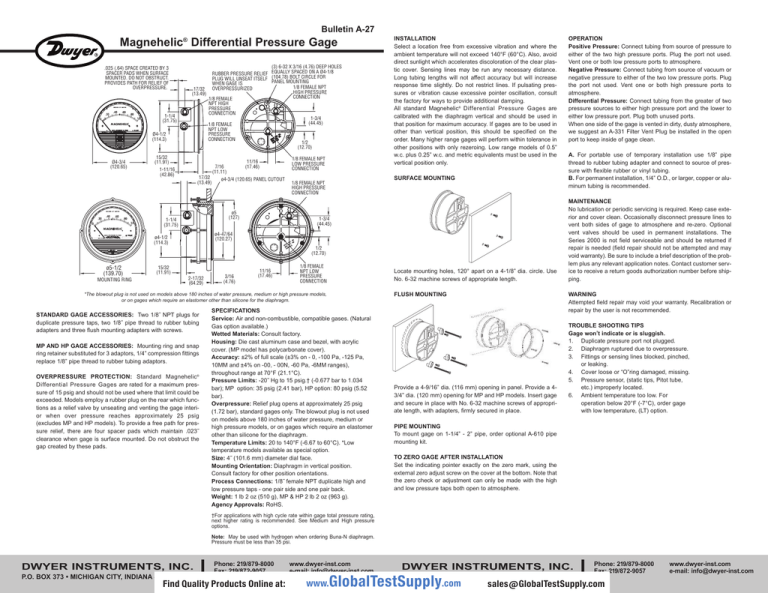 Magnehelic Differential Pressure Gage Bulletin A-27 Magnehelic Differential Pressure Gage Bulletin A-27