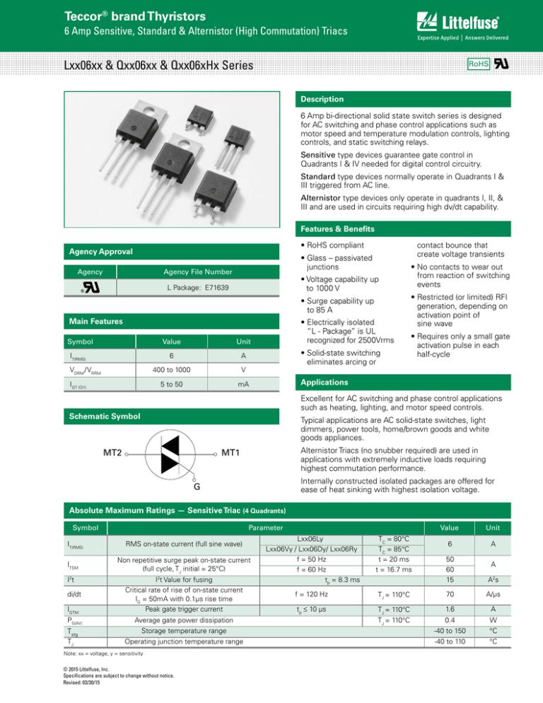 Switching Thyristors Lxx06xx/Qxx06xx/Qxx06xHx Series Datasheet Switching Thyristors Lxx06xx/Qxx06xx/Qxx06xHx Series Datasheet