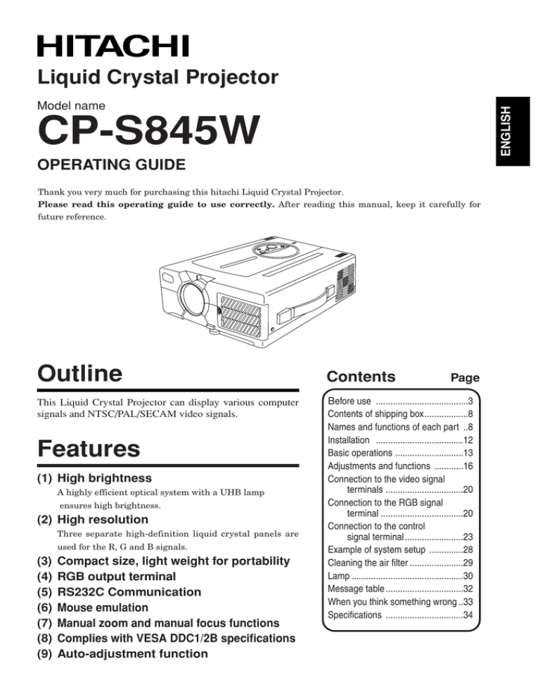 Hitachi CP-S845W Projector User Guide Hitachi CP-S845W Projector User Guide