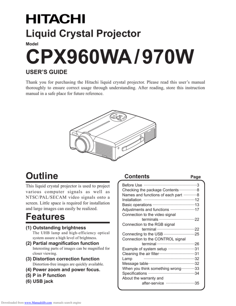 Hitachi CP-X970W Projector User Guide Hitachi CP-X970W Projector User Guide