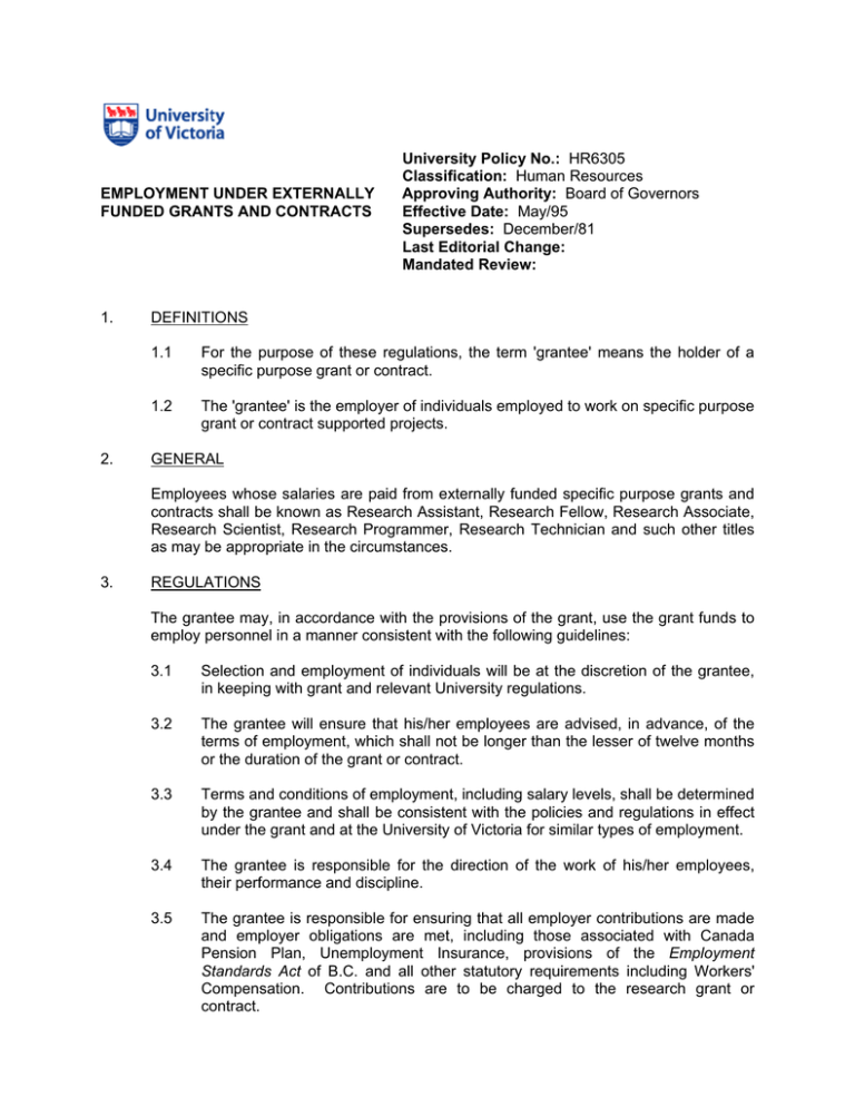 Employment Under Externally Funded Grants and Contracts Employment Under Externally Funded Grants and Contracts