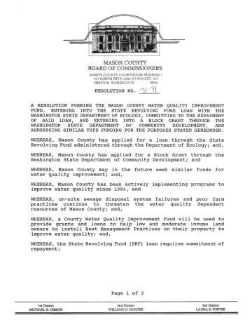 Establish Mason County Water Quality Improvement Fund Establish Mason County Water Quality Improvement Fund