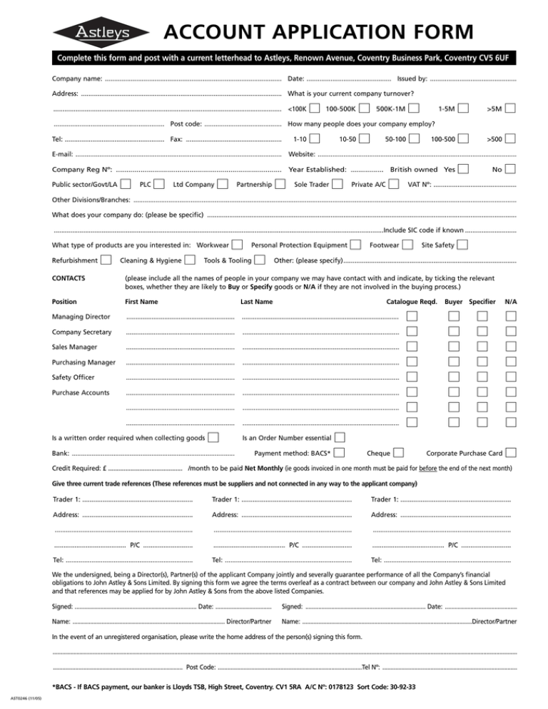 ACCOUNT APPLICATION FORM ASTLEYS ACCOUNT APPLICATION FORM ASTLEYS
