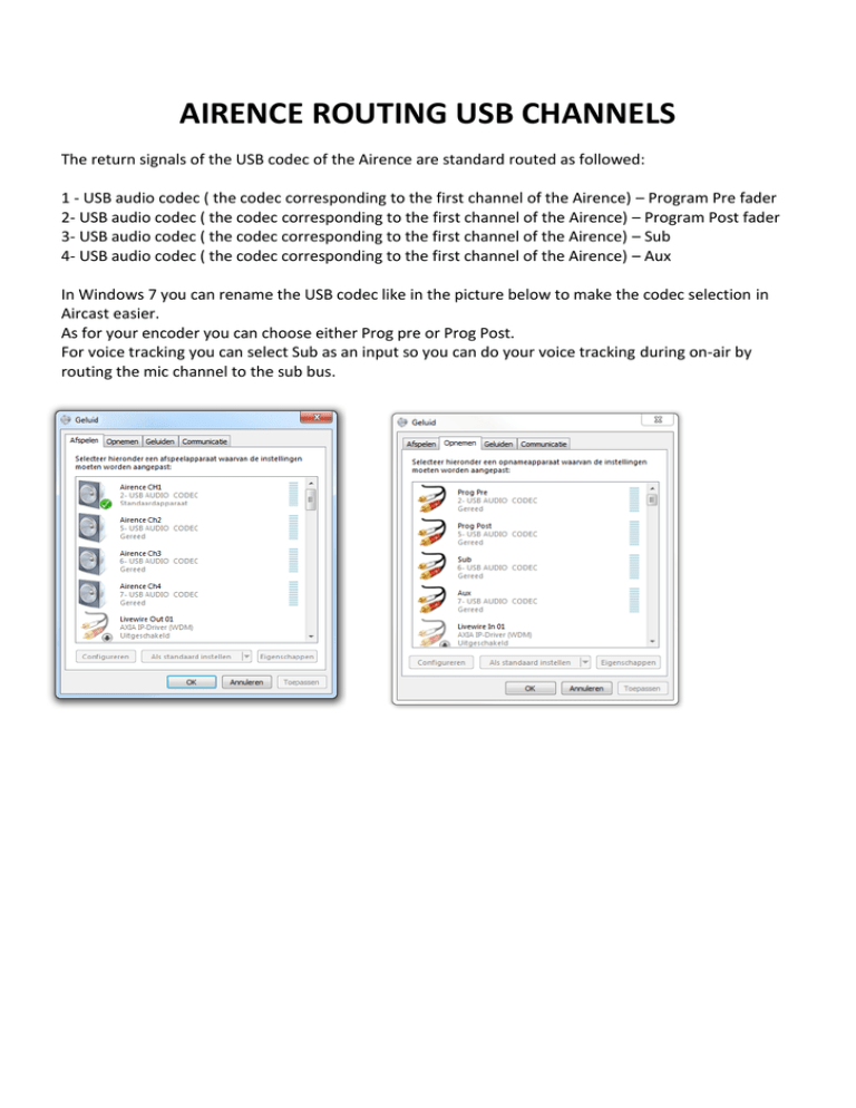 http://www.d-r.nl/wiki/dokudata/faq/airence/AIRENCE ROUTING USB CHANNELS http://www.d-r.nl/wiki/dokudata/faq/airence/AIRENCE ROUTING USB CHANNELS