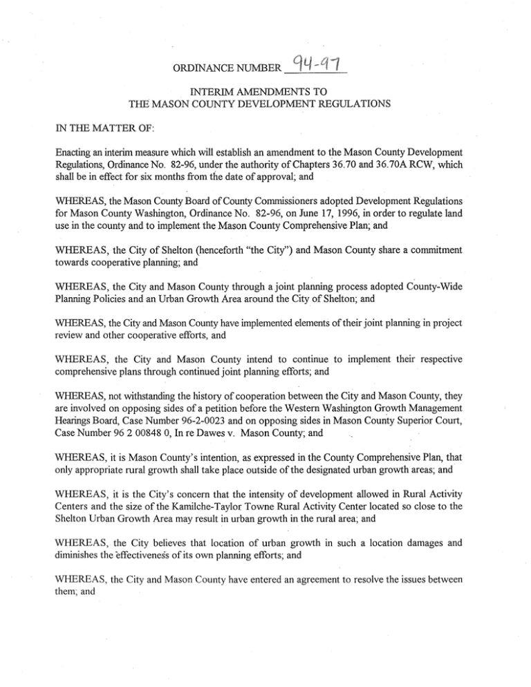 AMENDS Ordinance No. 82-96, Interim Amendments to Mason County Development Reg. AMENDS Ordinance No. 82-96, Interim Amendments to Mason County Development Reg.