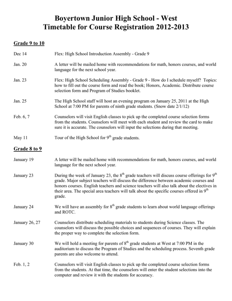 2012 - 2013 Course Registration Timetable 2012 - 2013 Course Registration Timetable