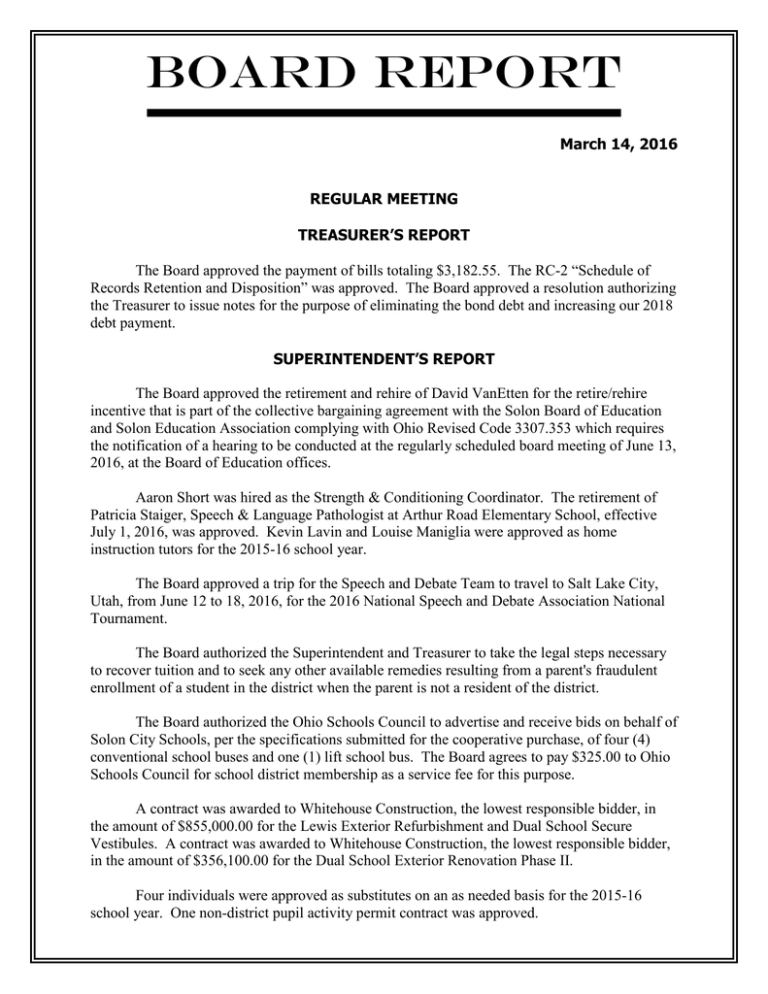 Board Report 3-14-16 Board Report 3-14-16
