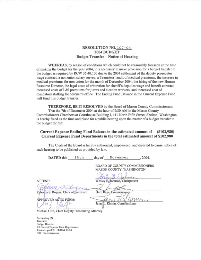 Budget Transfer � Current Expense Fund � Notice of Hearing Budget Transfer � Current Expense Fund � Notice of Hearing