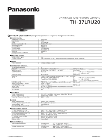 Panasonic TH-37LRU20U Product Sheet Panasonic TH-37LRU20U Product Sheet