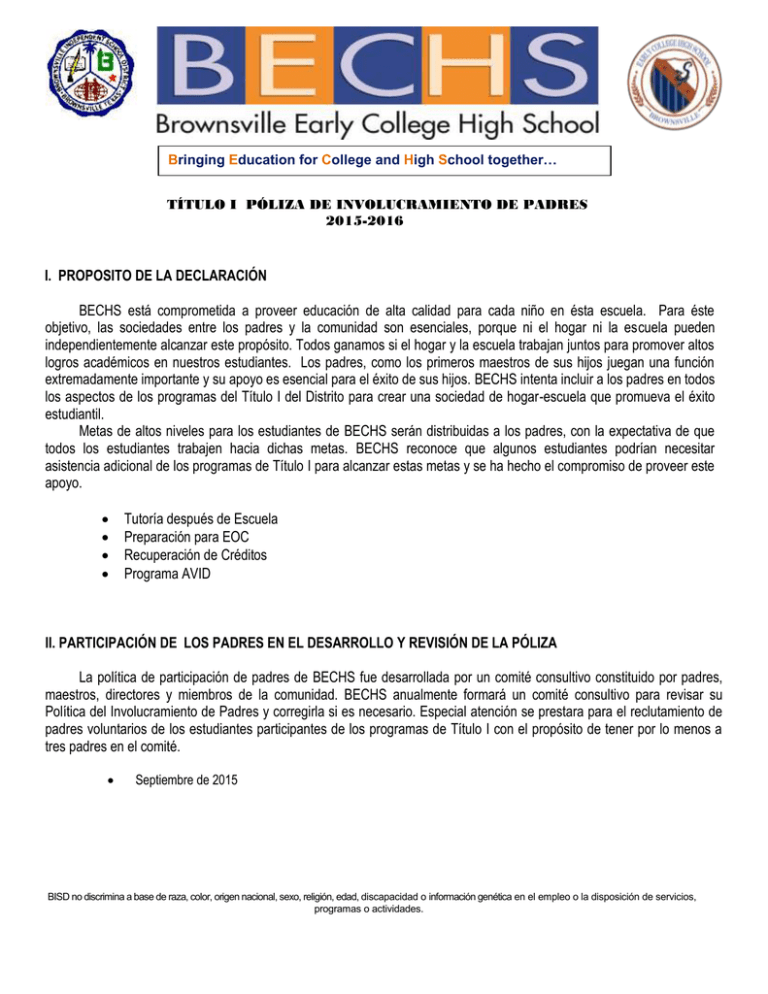 BECHS 2015-2016 TITLE I POLICY Spanish BECHS 2015-2016 TITLE I POLICY Spanish