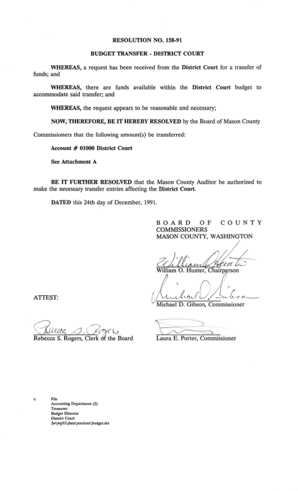 RESOLUTION NO. 158-91 BUDGET TRANSFER - DISTRICT COURT RESOLUTION NO. 158-91 BUDGET TRANSFER - DISTRICT COURT