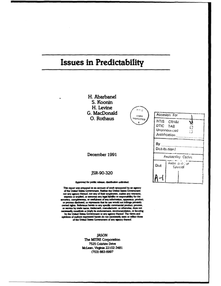 Issues in Predictability Issues in Predictability