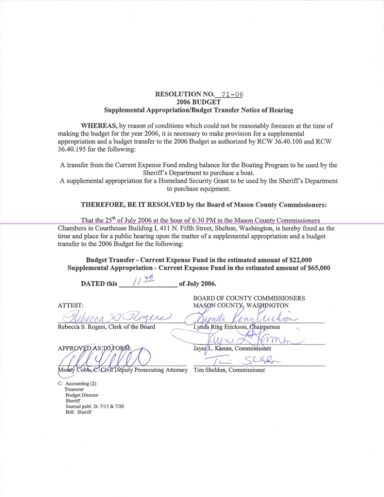 Notice of Hearing � Supplemental Appropriation/Budget Transfer � Current Expense Notice of Hearing � Supplemental Appropriation/Budget Transfer � Current Expense