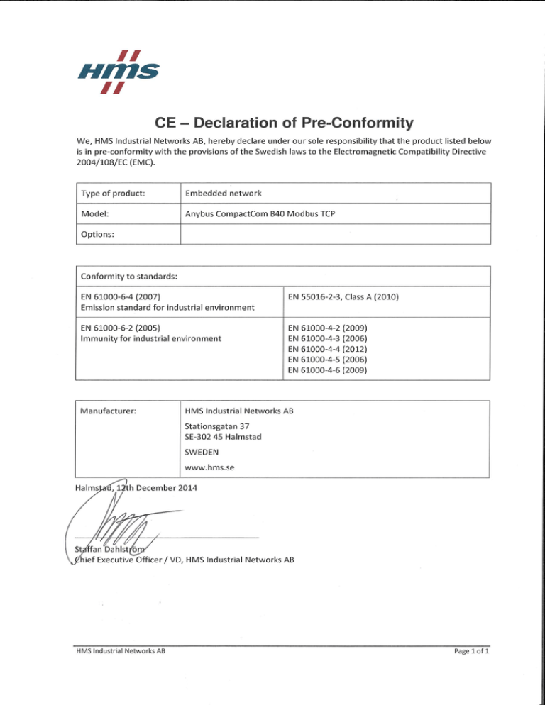 549-7888-CompactCom B40 Modbus TCP - CE - Declaration of Pre 549-7888-CompactCom B40 Modbus TCP - CE - Declaration of Pre