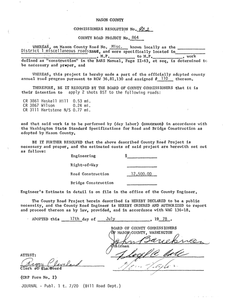 CRP #864 - District 1 Miscellaneous Rds. CRP #864 - District 1 Miscellaneous Rds.