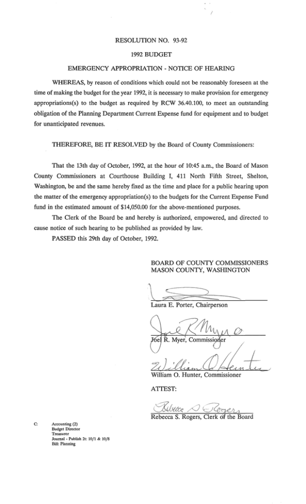 RESOLUTION NO. 93-92 1992 BUDGET EMERGENCY APPROPRIATION - NOTICE OF HEARING RESOLUTION NO. 93-92 1992 BUDGET EMERGENCY APPROPRIATION - NOTICE OF HEARING