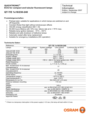 Data sheet QT-T/E 1x18/230-240 Data sheet QT-T/E 1x18/230-240