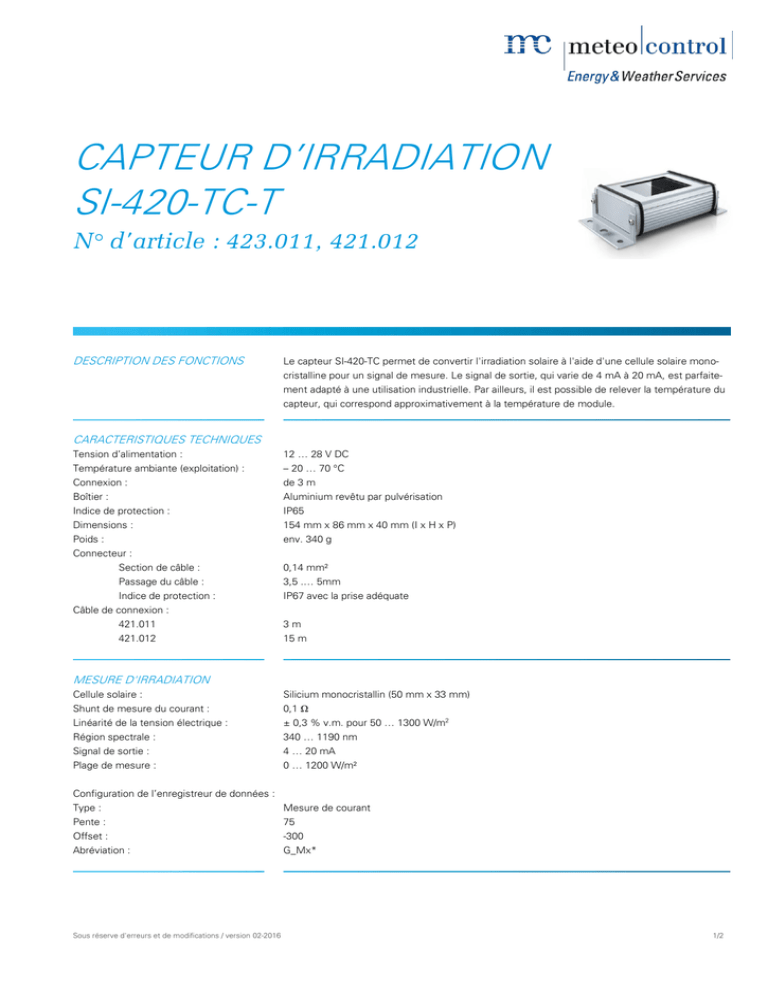 CAPTEUR D’IRRADIATION SI-420-TC-T N° d'article : 423.011, 421.012 CAPTEUR D’IRRADIATION SI-420-TC-T N° d'article : 423.011, 421.012