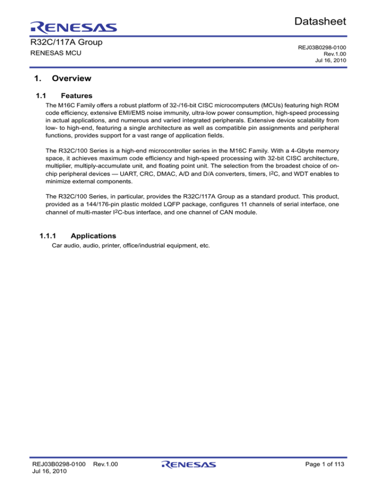 datasheet for R32C/117A by Renesas Electronics Corporation datasheet for R32C/117A by Renesas Electronics Corporation