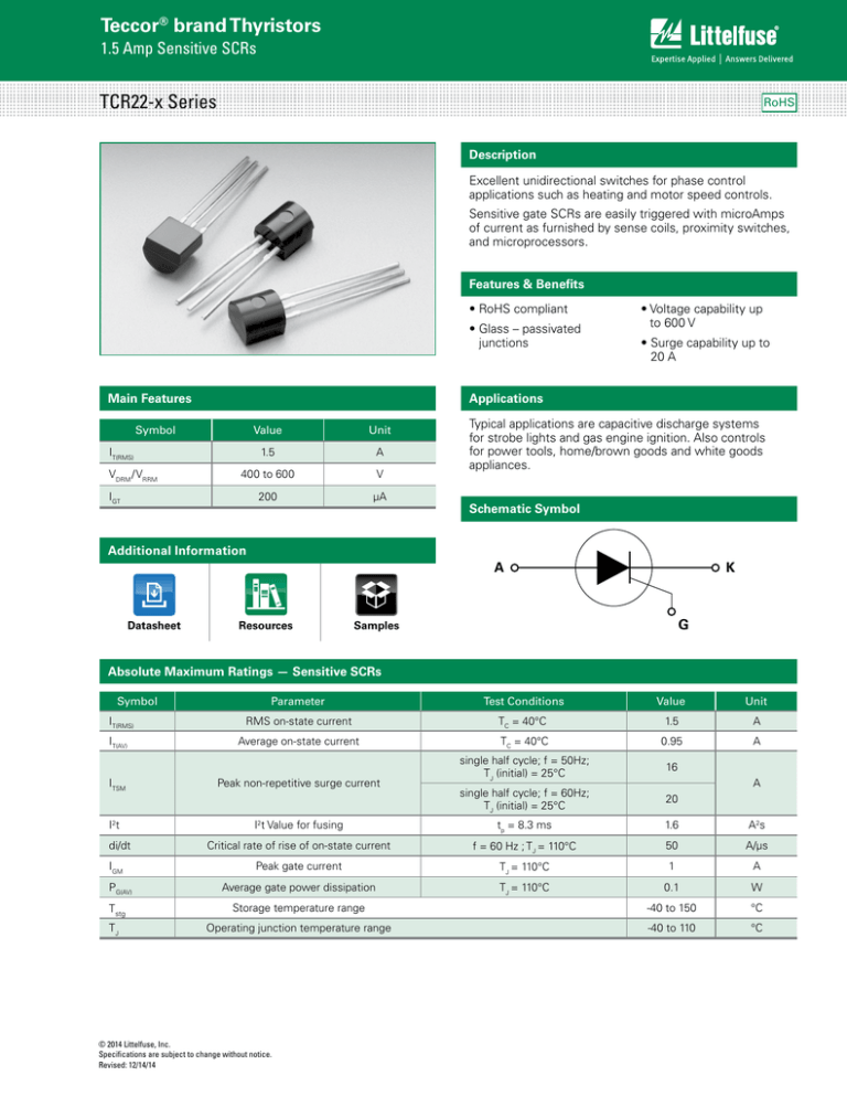 Teccor brand Thyristors TCR22-x Series 1.5 Amp Sensitive SCRs Teccor brand Thyristors TCR22-x Series 1.5 Amp Sensitive SCRs