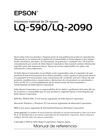 Ajuste de la palanca de liberación del papel. Epson LQ-2090, LQ590, LQ-590 | Manualzz