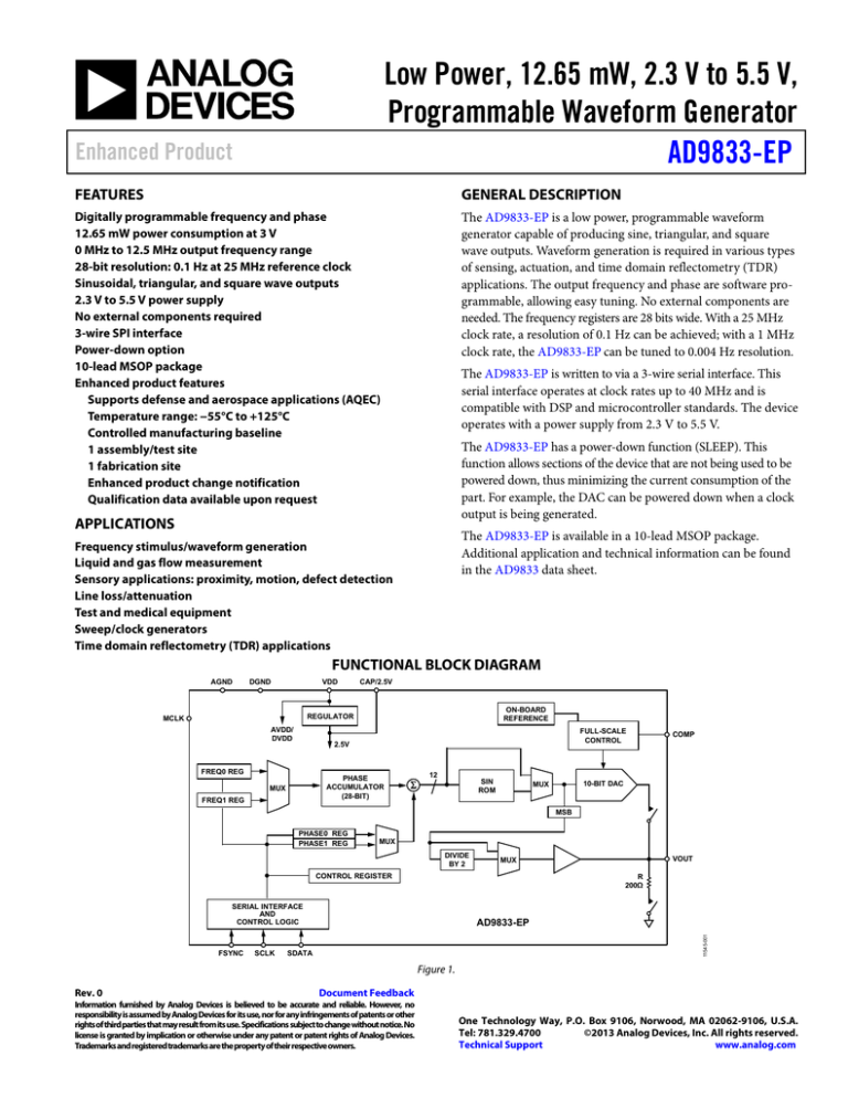 Low Power, 12.65 mW, 2.3 V to 5.5 V, AD9833-EP Enhanced Product Low Power, 12.65 mW, 2.3 V to 5.5 V, AD9833-EP Enhanced Product