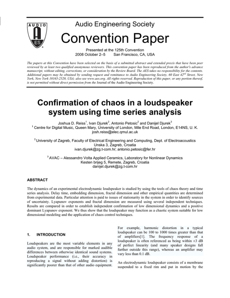 Confirmation of chaos in a loudspeaker system using time series analysis Confirmation of chaos in a loudspeaker system using time series analysis