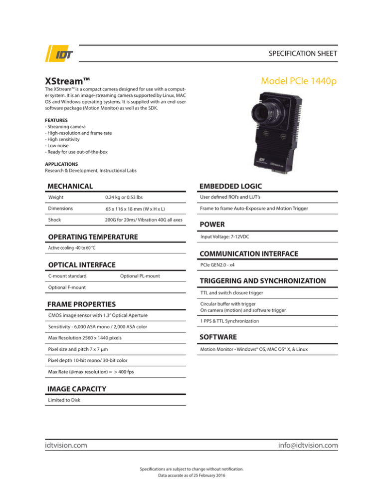 Model PCIe 1440p XStream™ SPECIFICATION SHEET Model PCIe 1440p XStream™ SPECIFICATION SHEET