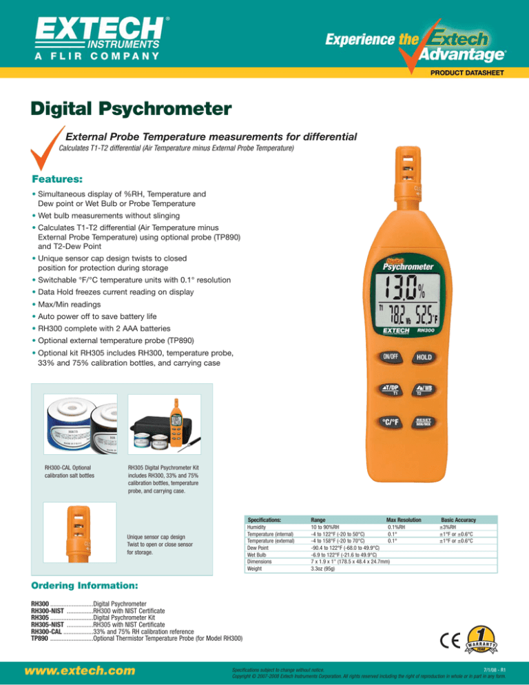 Digital Psychrometer External Probe Temperature measurements for differential Features: Digital Psychrometer External Probe Temperature measurements for differential Features: