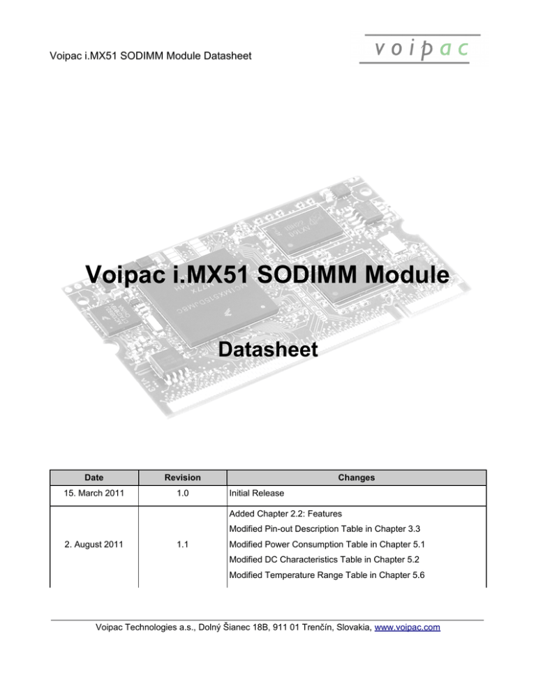 Voipac i.MX51 SODIMM Module Datasheet Voipac i.MX51 SODIMM Module Datasheet Voipac i.MX51 SODIMM Module Datasheet Voipac i.MX51 SODIMM Module Datasheet