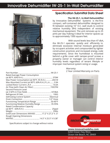 Innovative Dehumidifier IW-25-1 In-Wall Dehumidifier Specification Submittal Data Sheet Innovative Dehumidifier IW-25-1 In-Wall Dehumidifier Specification Submittal Data Sheet